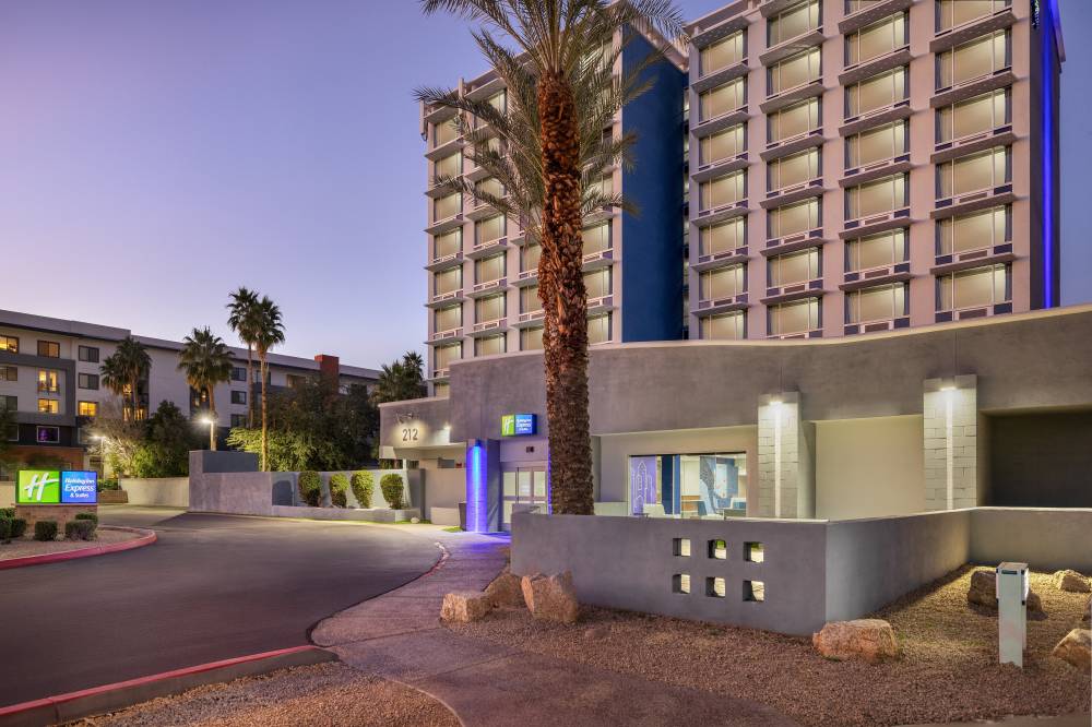 Front view of hotel at dusk