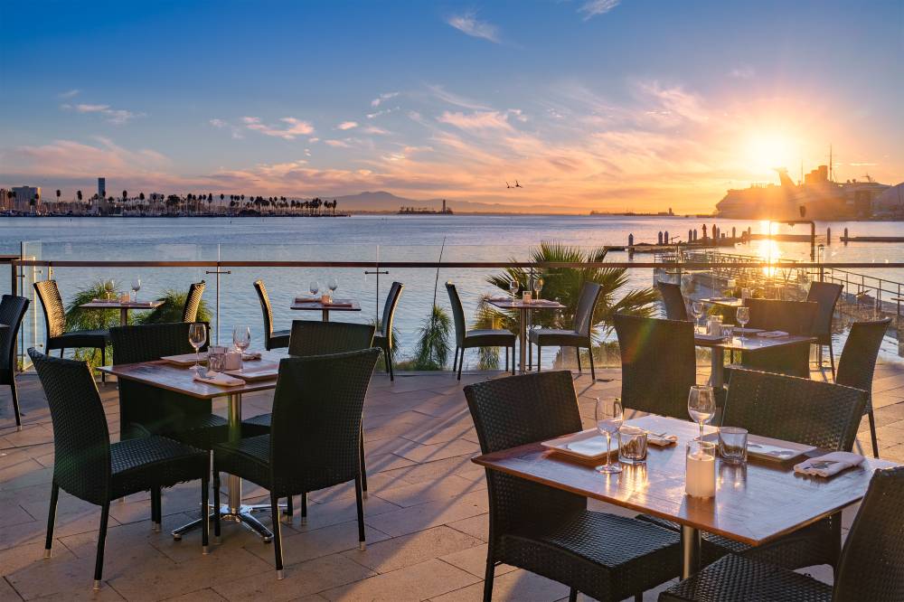outdoor patio, dining tables, view of the sunrise 
